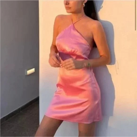 Zara | Dresses | Zara Halter Bright Pink Satin Party Dress | Poshmark